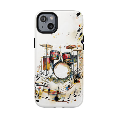 Beatline iPhone 14 Plus MagSafe case featuring a colorful drum set with musical notes and abstract watercolor elements on a clean background.