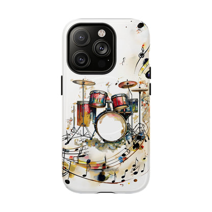 Beatline iPhone 14 Pro MagSafe case featuring a colorful drum set with musical notes and abstract watercolor elements on a clean background.