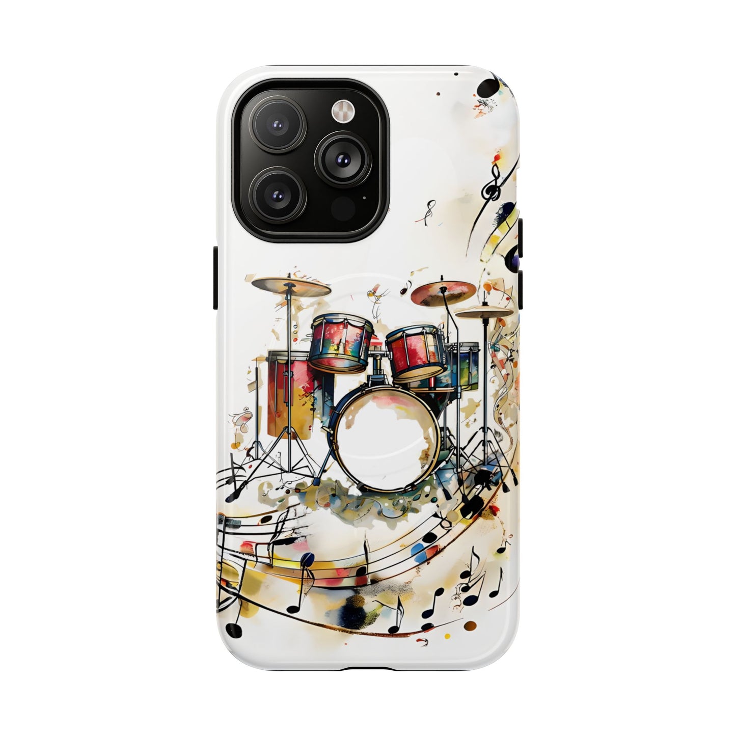Beatline iPhone 14 Pro Max MagSafe case featuring a colorful drum set with musical notes and abstract watercolor elements on a clean background.
