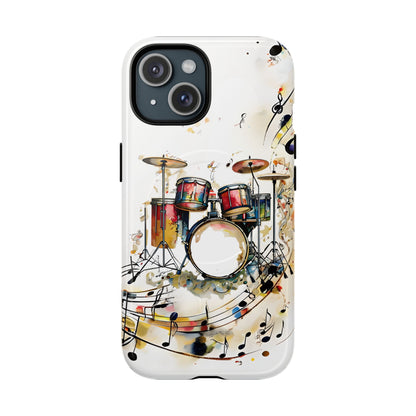 Beatline iPhone 15 MagSafe case featuring a colorful drum set with musical notes and abstract watercolor elements on a clean background.
