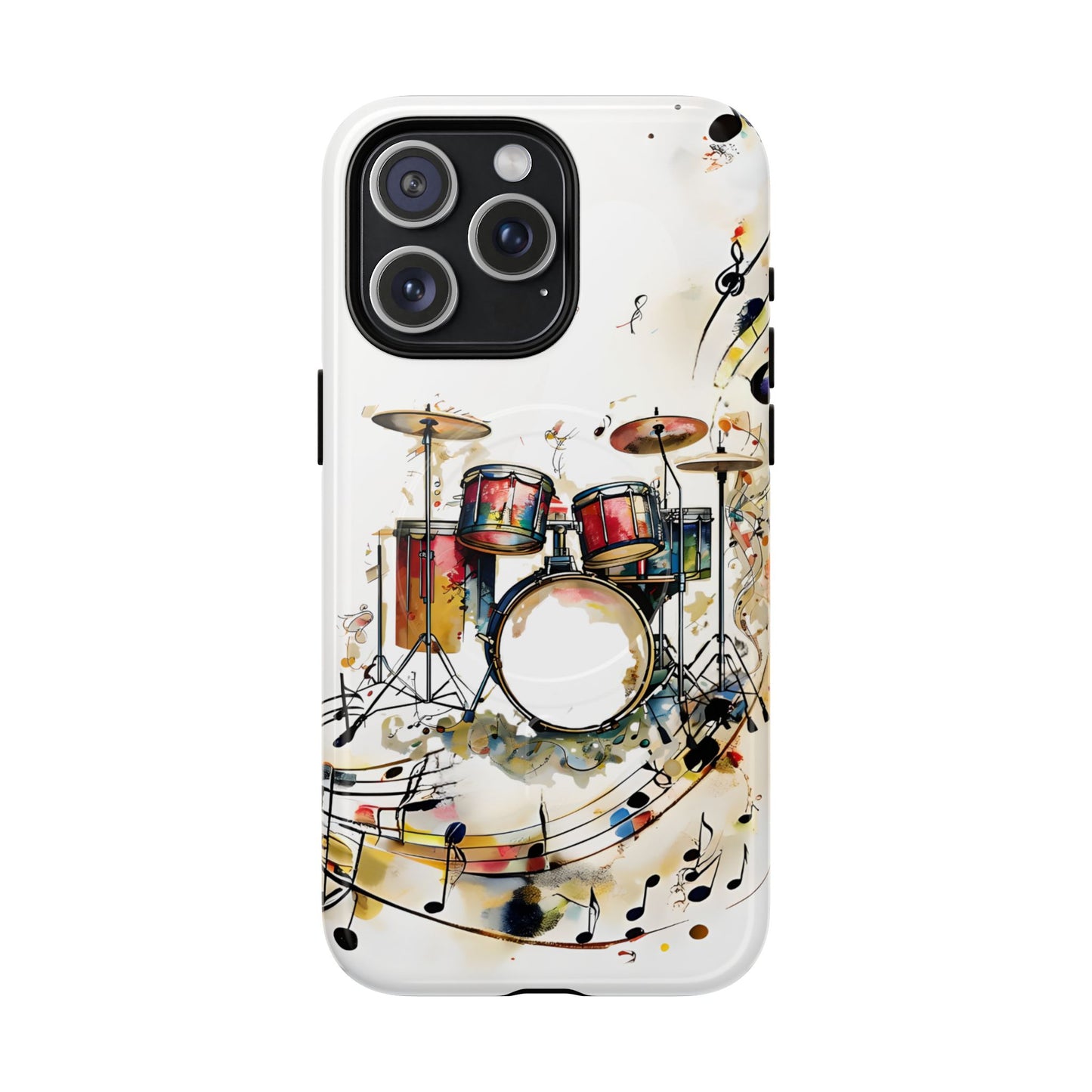 Beatline iPhone 15 Pro Max MagSafe case featuring a colorful drum set with musical notes and abstract watercolor elements on a clean background.