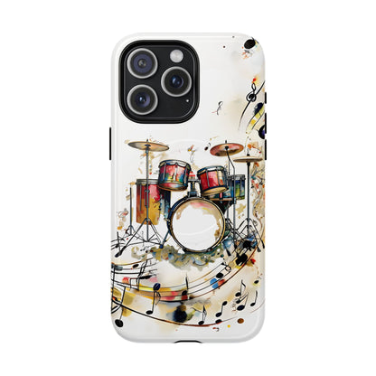 Beatline iPhone 15 Pro Max MagSafe case featuring a colorful drum set with musical notes and abstract watercolor elements on a clean background.