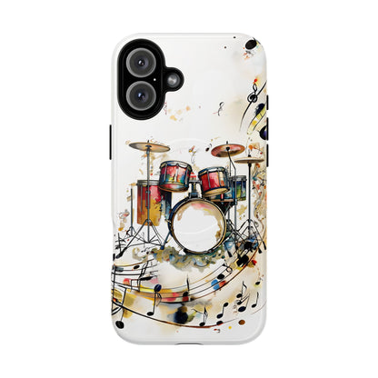 Beatline iPhone 16 Plus MagSafe case featuring a colorful drum set with musical notes and abstract watercolor elements on a clean background.