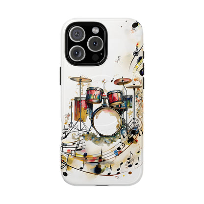 Beatline iPhone 16 Pro Max MagSafe case featuring a colorful drum set with musical notes and abstract watercolor elements on a clean background.