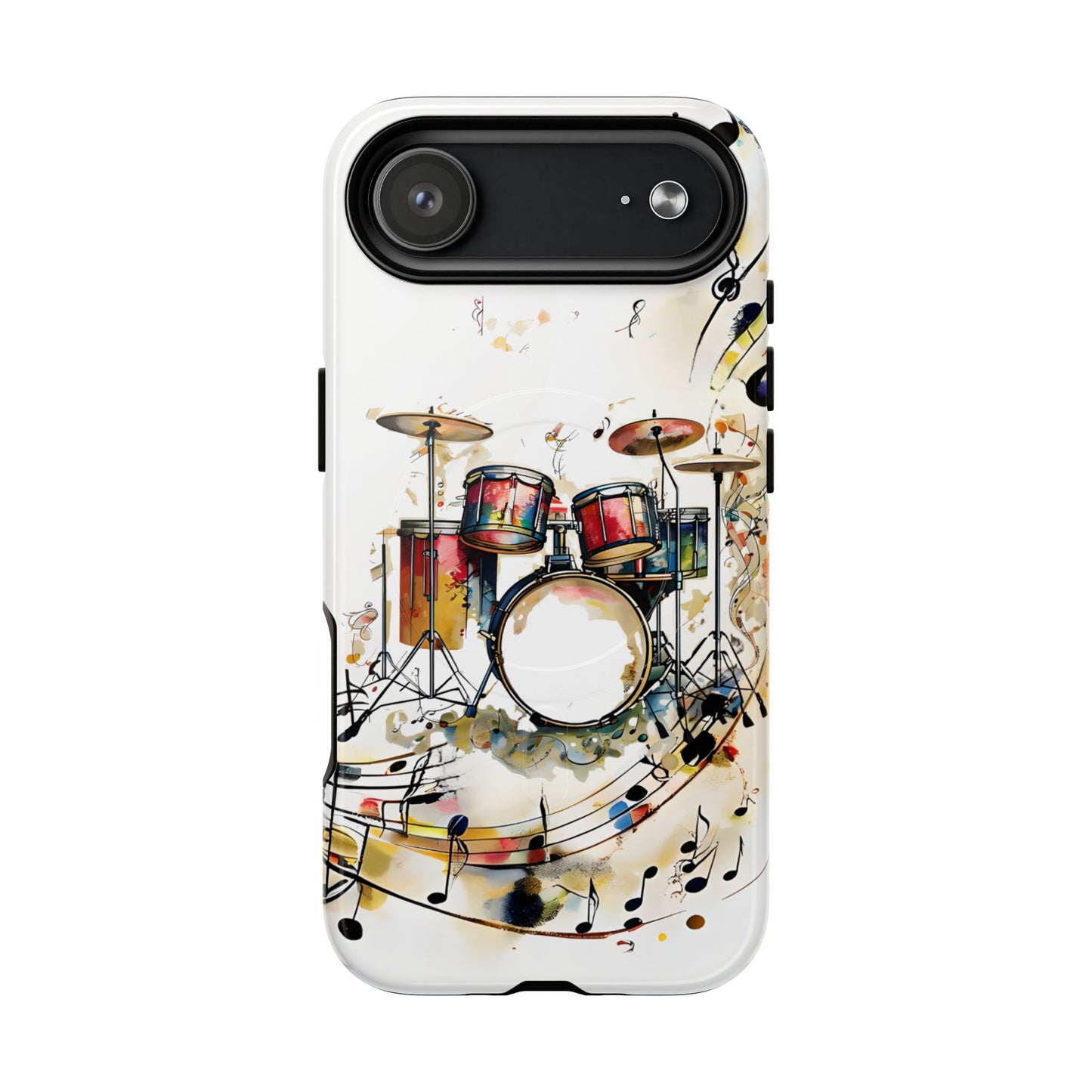 Beatline iPhone 17 Air MagSafe case featuring a colorful drum set with musical notes and abstract watercolor elements on a clean background.