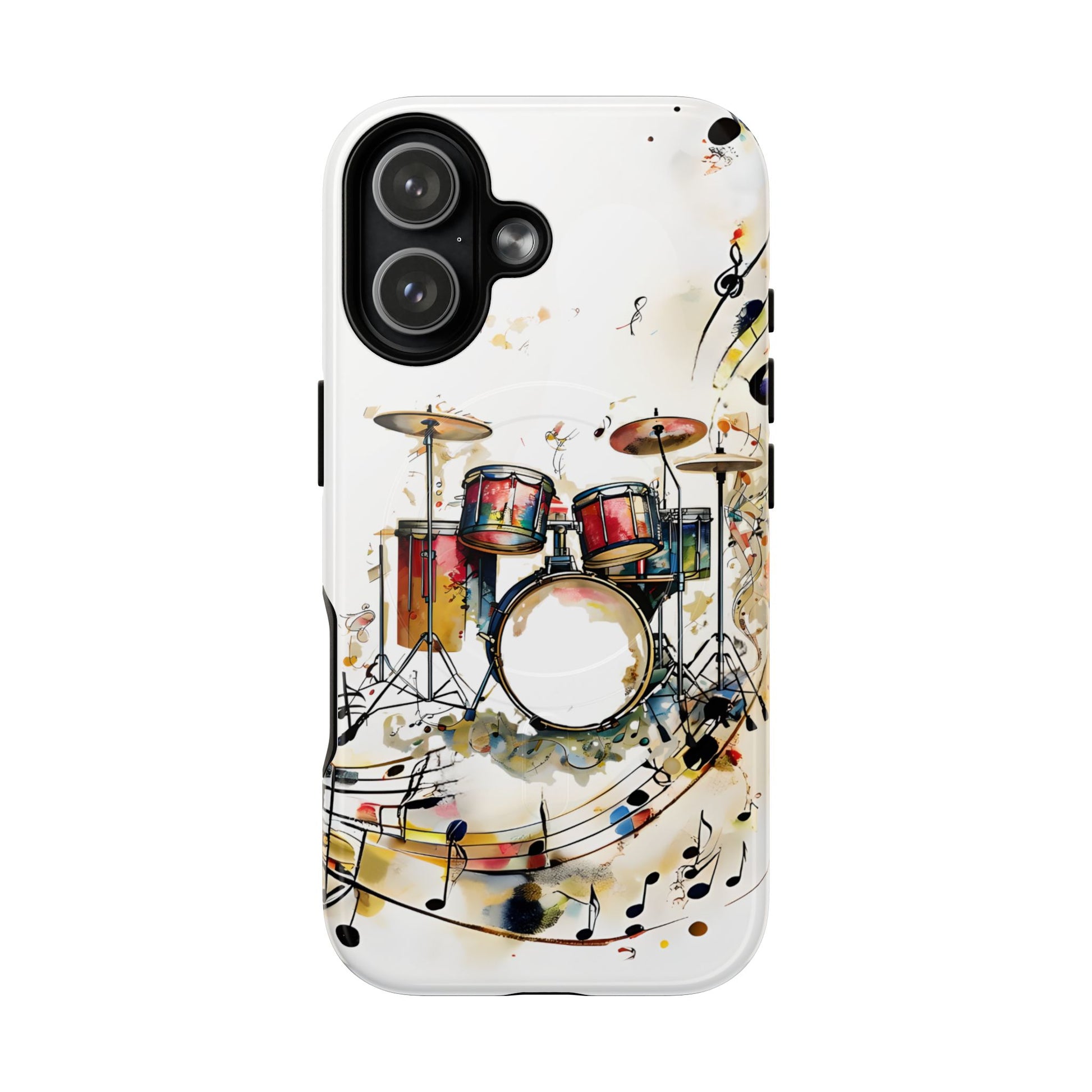 Beatline iPhone 17 MagSafe case featuring a colorful drum set with musical notes and abstract watercolor elements on a clean background.