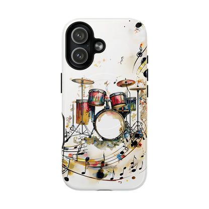Beatline iPhone 17 MagSafe case featuring a colorful drum set with musical notes and abstract watercolor elements on a clean background.