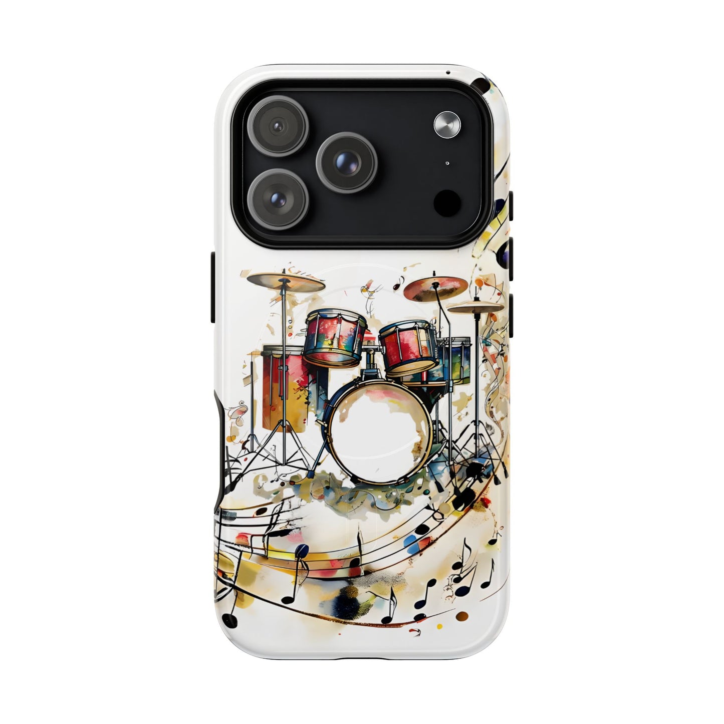 Beatline iPhone 17 Pro MagSafe case featuring a colorful drum set with musical notes and abstract watercolor elements on a clean background.