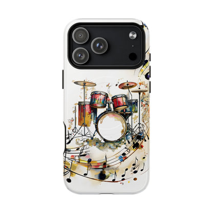 Beatline iPhone 17 Pro Max MagSafe case featuring a colorful drum set with musical notes and abstract watercolor elements on a clean background.
