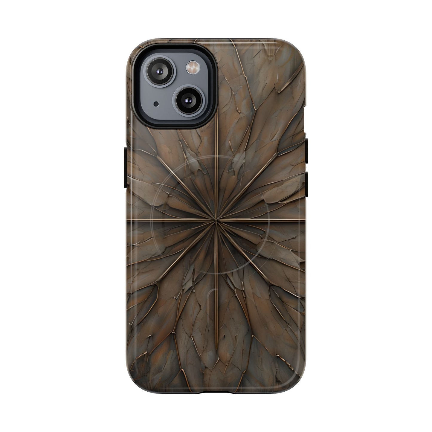 Earthstone Mandala iPhone 14 MagSafe case featuring a symmetrical stone-textured mandala design in rich brown and earth tones.