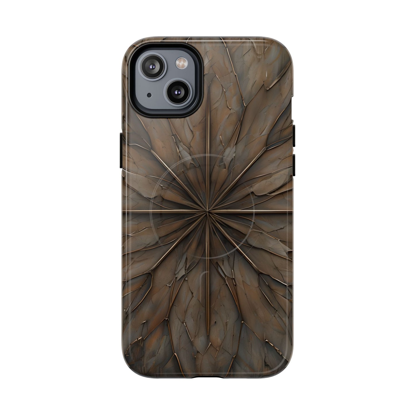 Earthstone Mandala iPhone 14 Plus MagSafe case featuring a symmetrical stone-textured mandala design in rich brown and earth tones.
