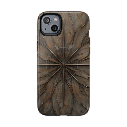 Earthstone Mandala iPhone 14 Plus MagSafe case featuring a symmetrical stone-textured mandala design in rich brown and earth tones.