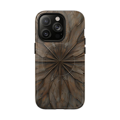 Earthstone Mandala iPhone 14 Pro MagSafe case featuring a symmetrical stone-textured mandala design in rich brown and earth tones.