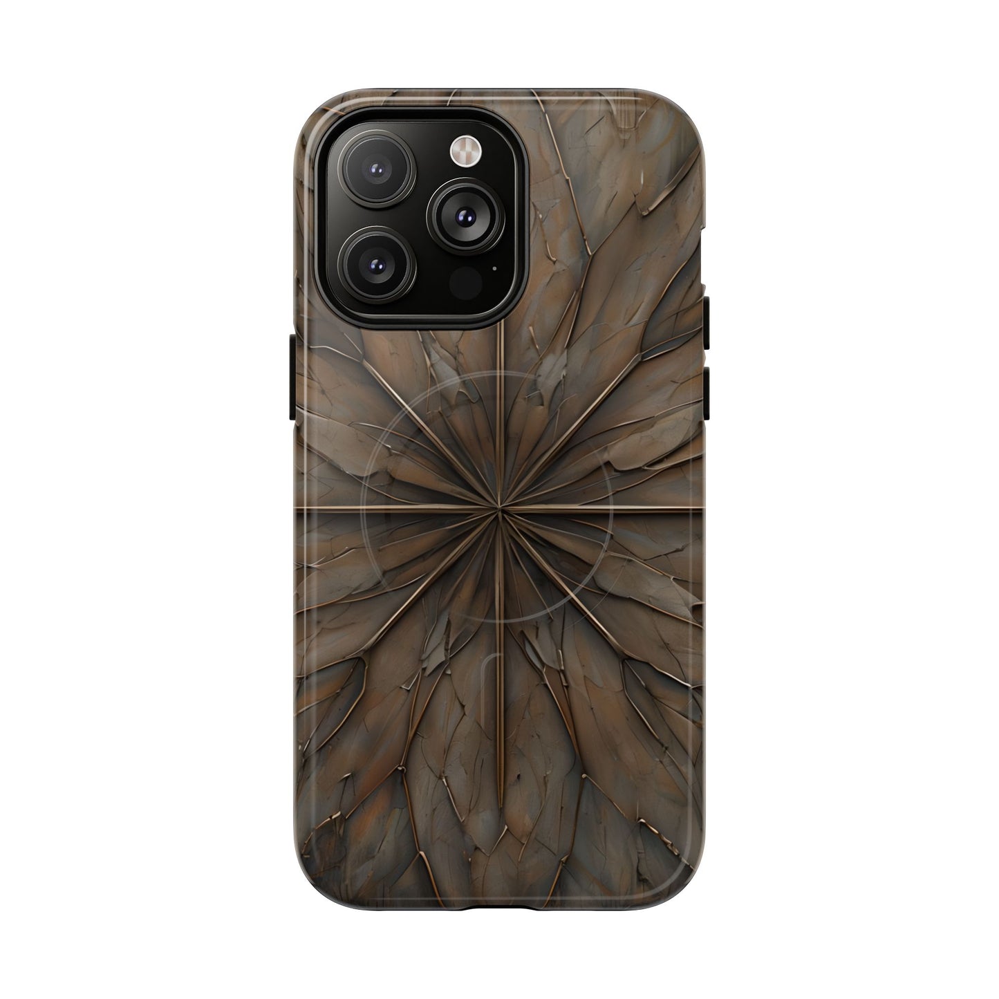 Earthstone Mandala iPhone 14 Pro Max MagSafe case featuring a symmetrical stone-textured mandala design in rich brown and earth tones.