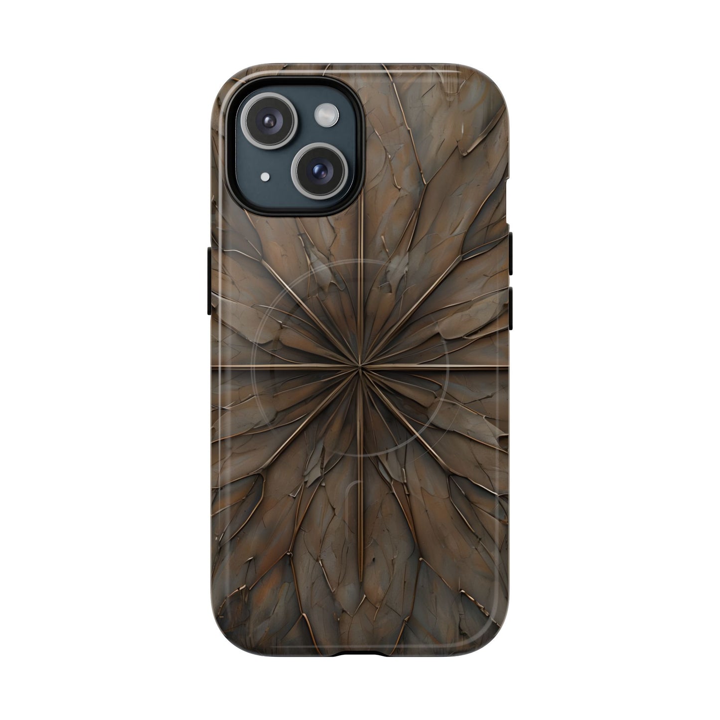 Earthstone Mandala iPhone 15 MagSafe case featuring a symmetrical stone-textured mandala design in rich brown and earth tones.