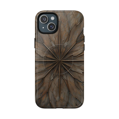 Earthstone Mandala iPhone 15 Plus MagSafe case featuring a symmetrical stone-textured mandala design in rich brown and earth tones.