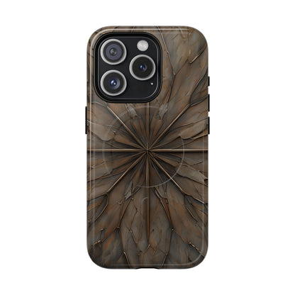 Earthstone Mandala iPhone 15 Pro MagSafe case featuring a symmetrical stone-textured mandala design in rich brown and earth tones.