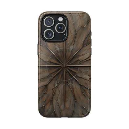 Earthstone Mandala iPhone 15 Pro Max MagSafe case featuring a symmetrical stone-textured mandala design in rich brown and earth tones.