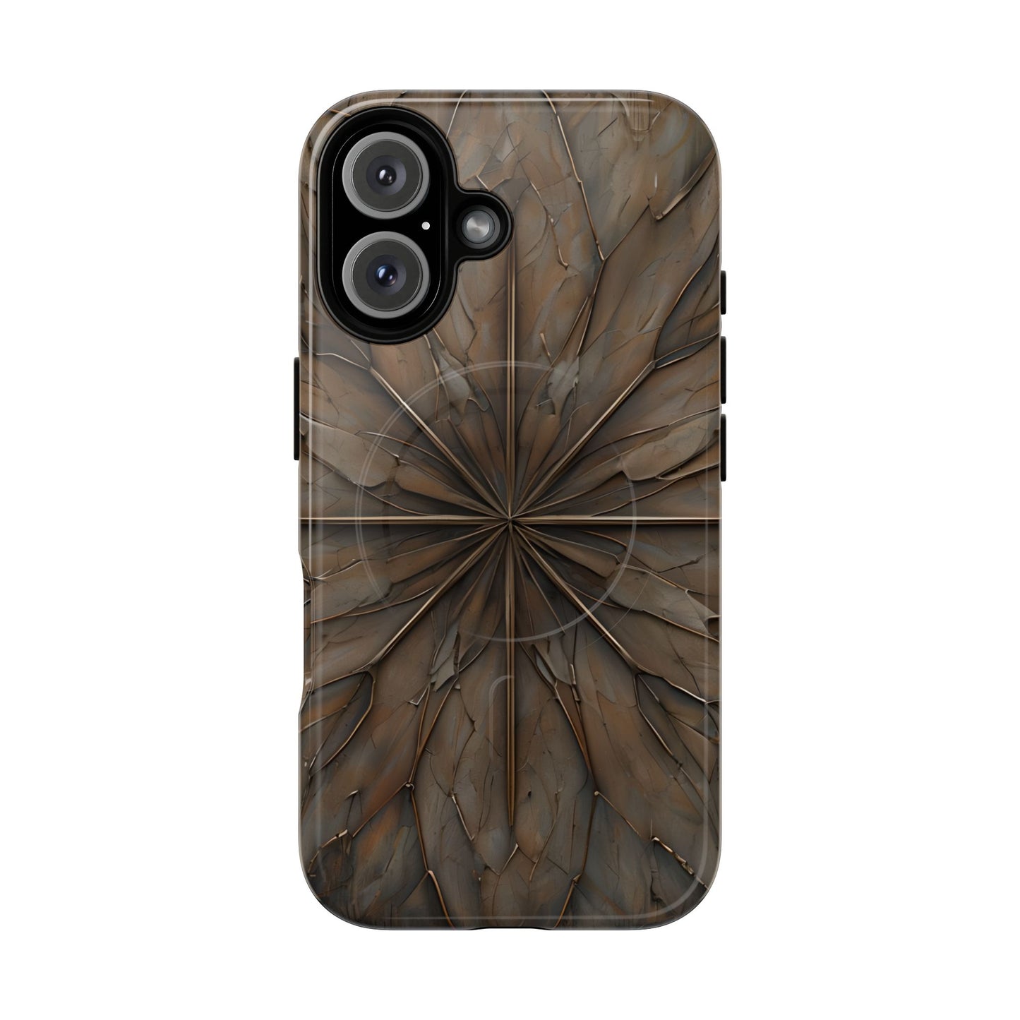 Earthstone Mandala iPhone 16 MagSafe case featuring a symmetrical stone-textured mandala design in rich brown and earth tones.