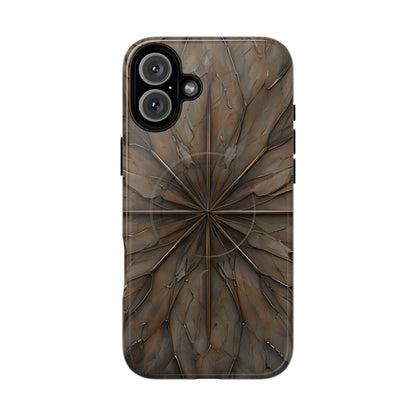 Earthstone Mandala iPhone 16 Plus MagSafe case featuring a symmetrical stone-textured mandala design in rich brown and earth tones.