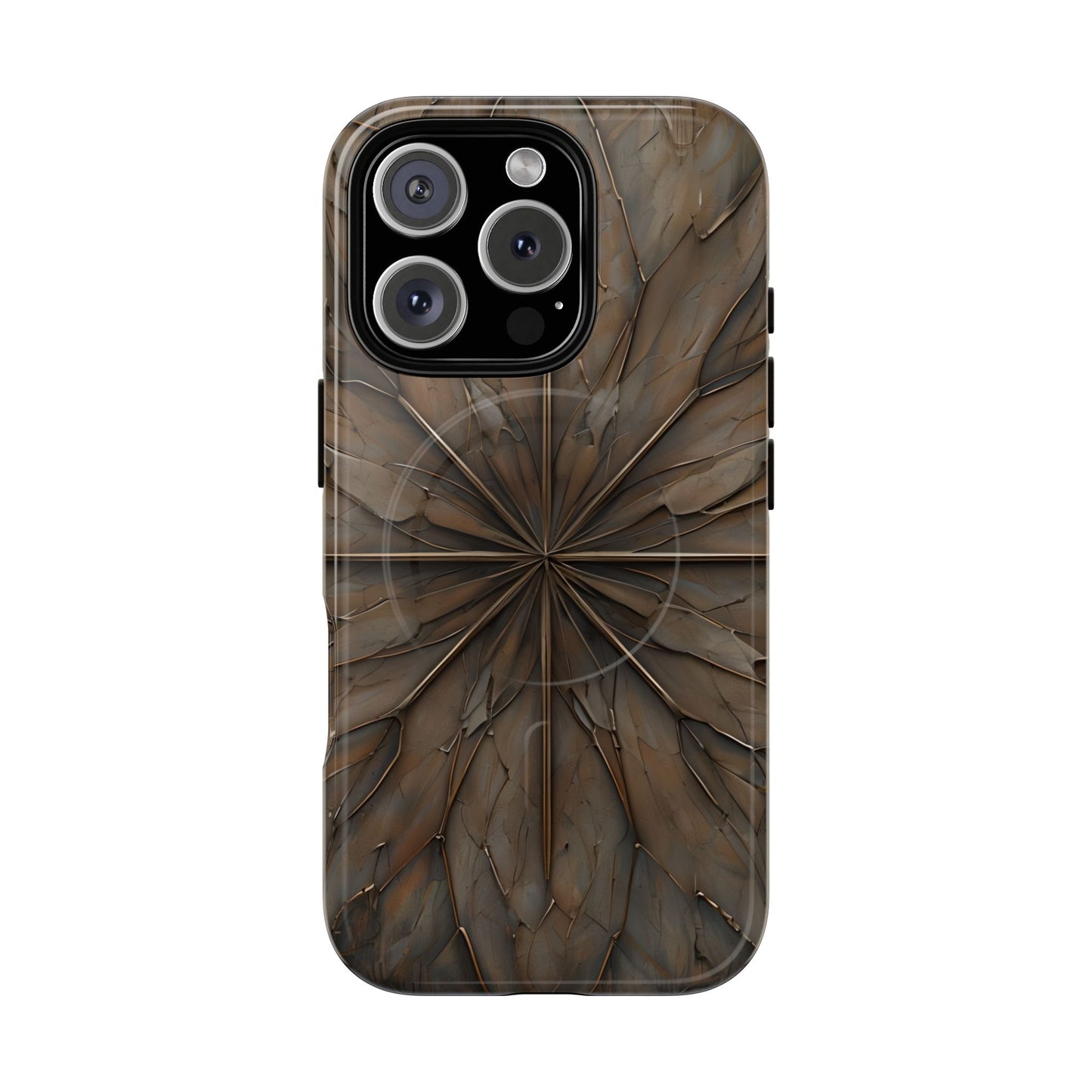 Earthstone Mandala iPhone 16 Pro MagSafe case featuring a symmetrical stone-textured mandala design in rich brown and earth tones.