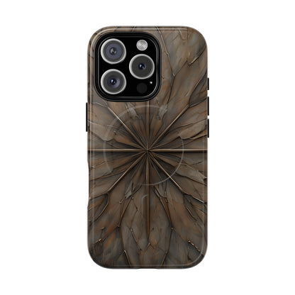Earthstone Mandala iPhone 16 Pro MagSafe case featuring a symmetrical stone-textured mandala design in rich brown and earth tones.
