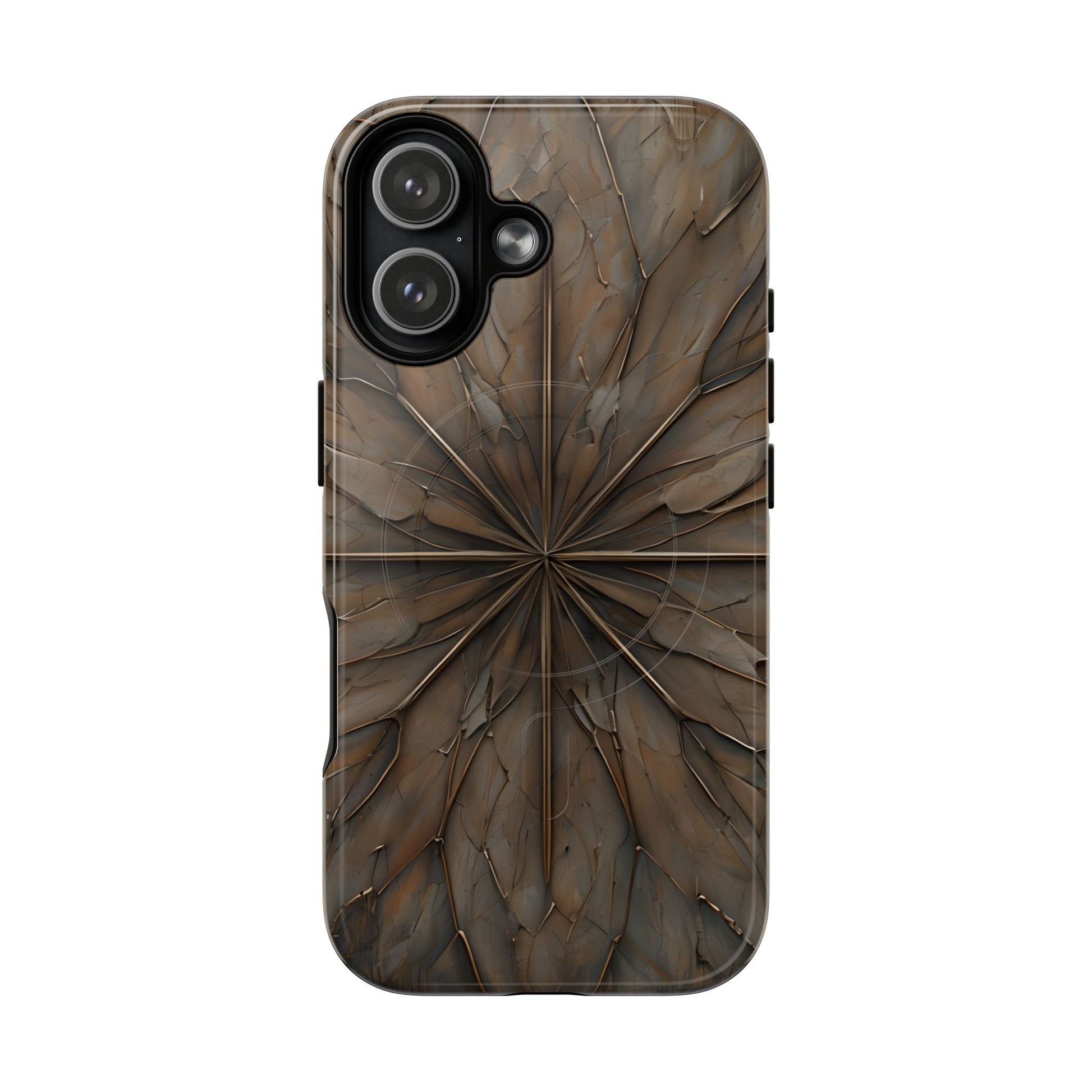 Earthstone Mandala iPhone 17 MagSafe case featuring a symmetrical stone-textured mandala design in rich brown and earth tones.