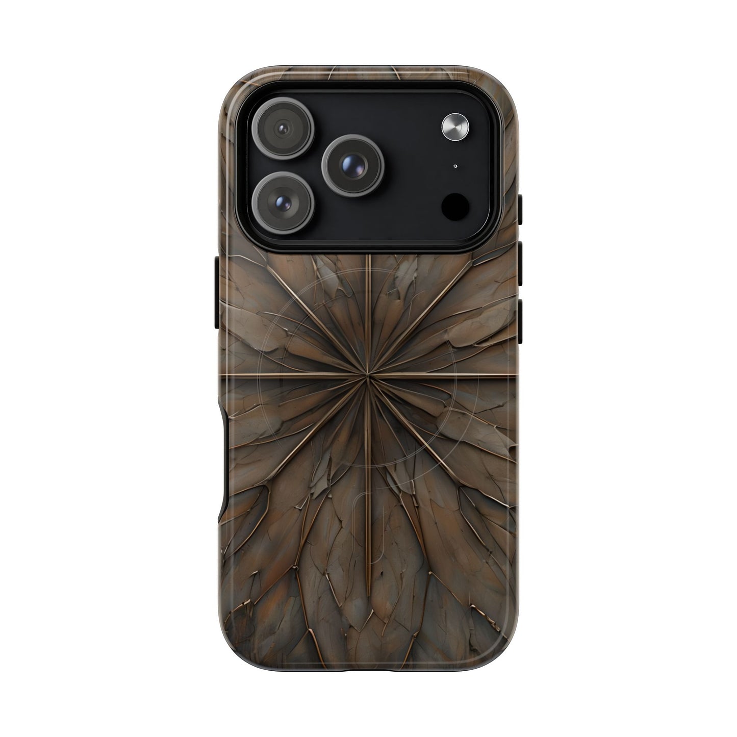 Earthstone Mandala iPhone 17 Pro MagSafe case featuring a symmetrical stone-textured mandala design in rich brown and earth tones.