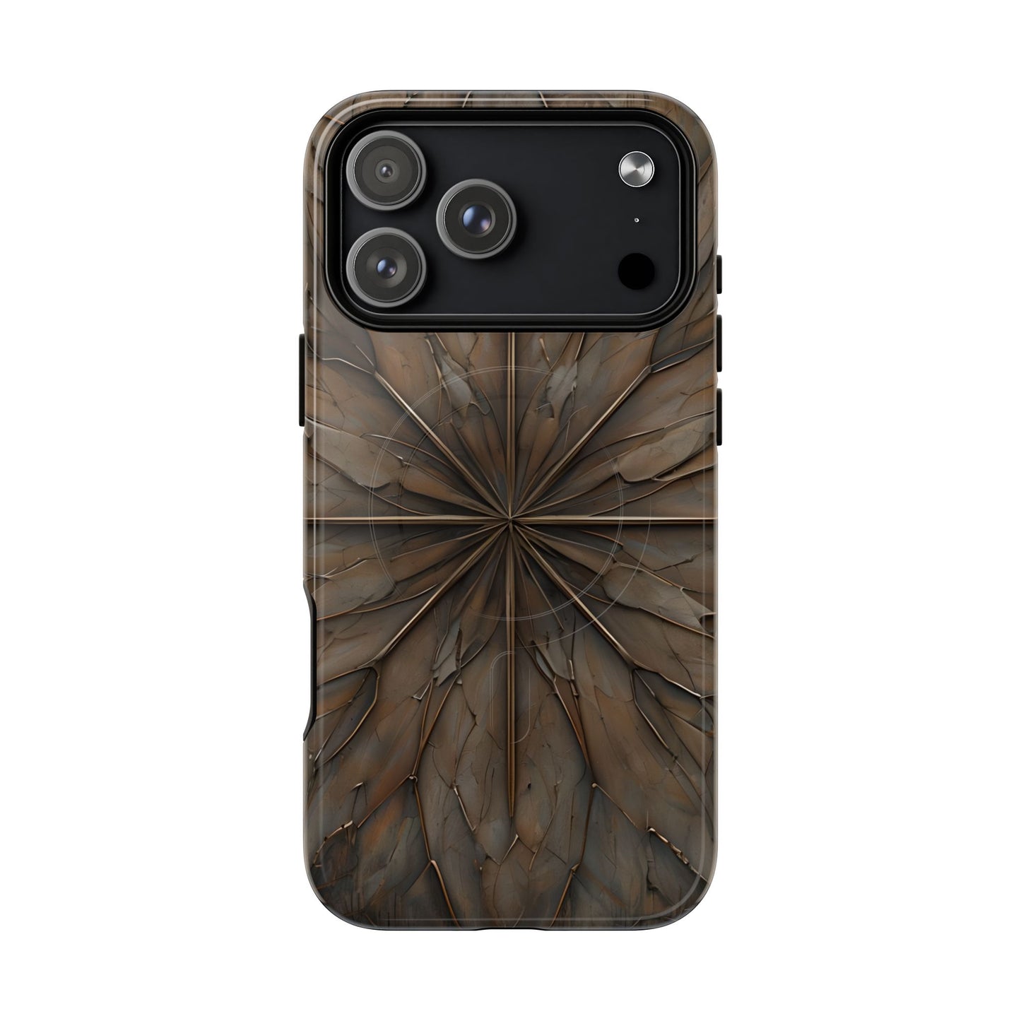 Earthstone Mandala iPhone 17 Pro Max MagSafe case featuring a symmetrical stone-textured mandala design in rich brown and earth tones.