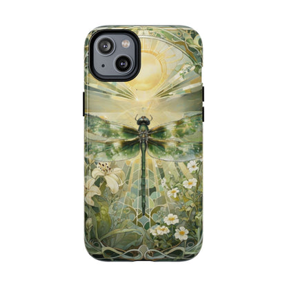 Emerald Dragonfly art nouveau iPhone 14 Plus MagSafe phone case front view with botanical floral design.