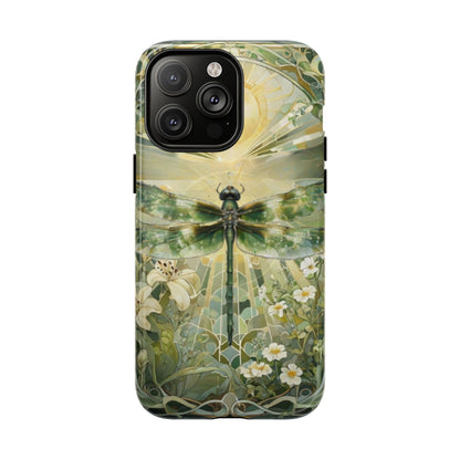 Emerald Dragonfly art nouveau iPhone 14 Pro Max MagSafe phone case front view with botanical floral design. 