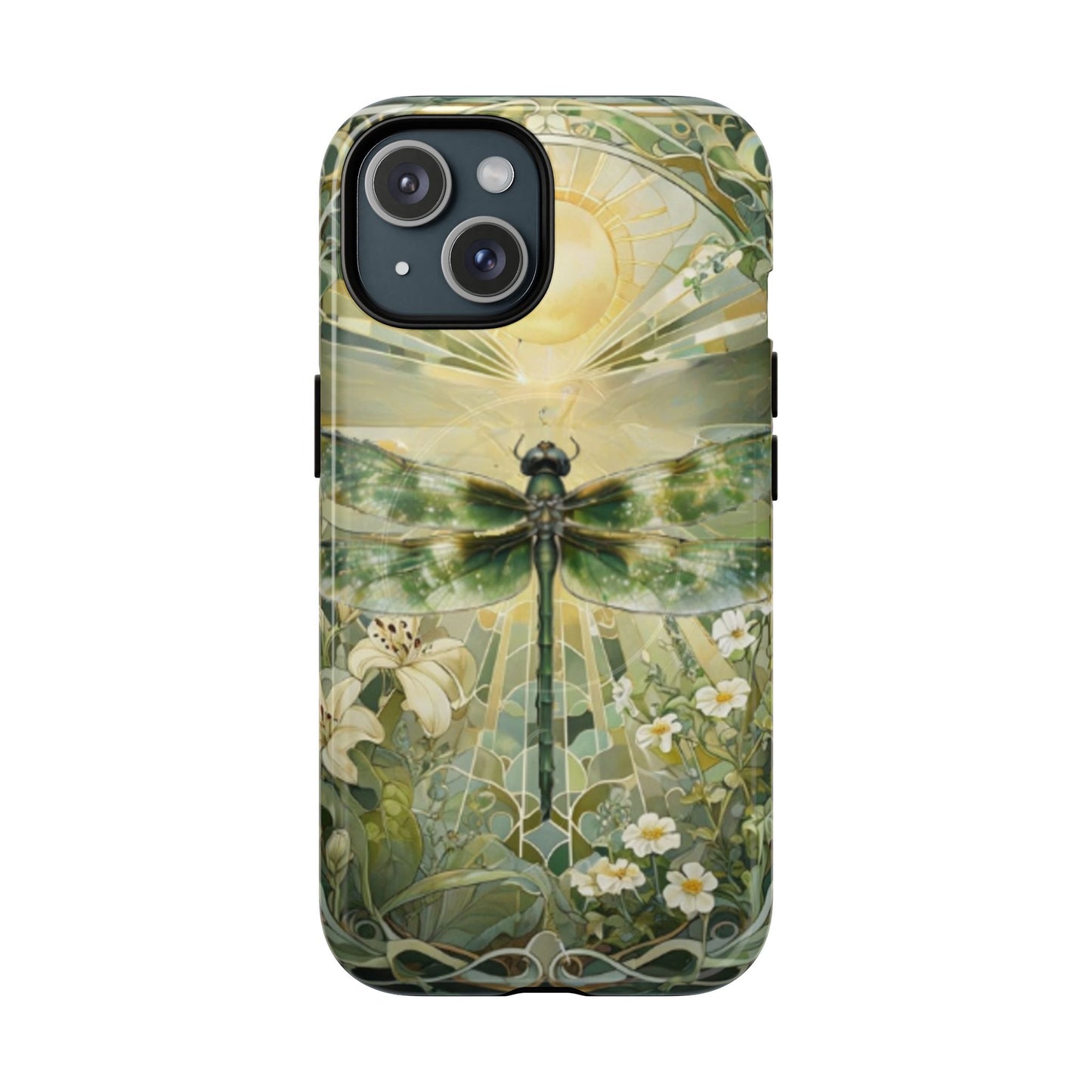 Emerald Dragonfly art nouveau iPhone 15 MagSafe phone case front view with botanical floral design.