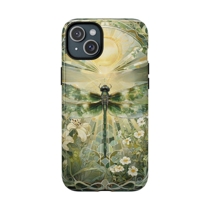 Emerald Dragonfly art nouveau iPhone 15 Plus MagSafe phone case front view with botanical floral design.