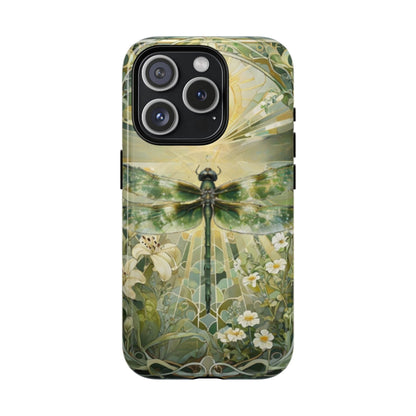 Emerald Dragonfly art nouveau iPhone 15 Pro MagSafe phone case front view with botanical floral design.