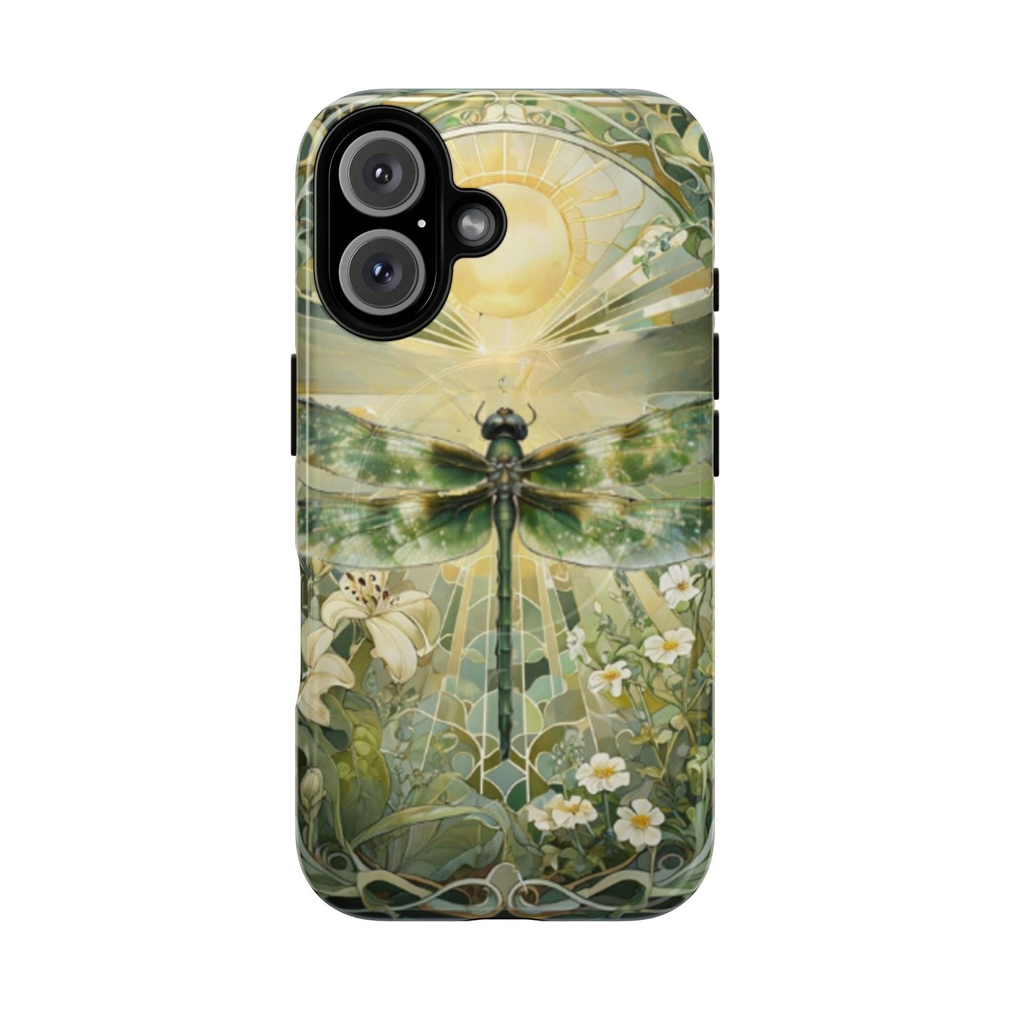Emerald Dragonfly art nouveau iPhone 16 MagSafe phone case front view with botanical floral design.