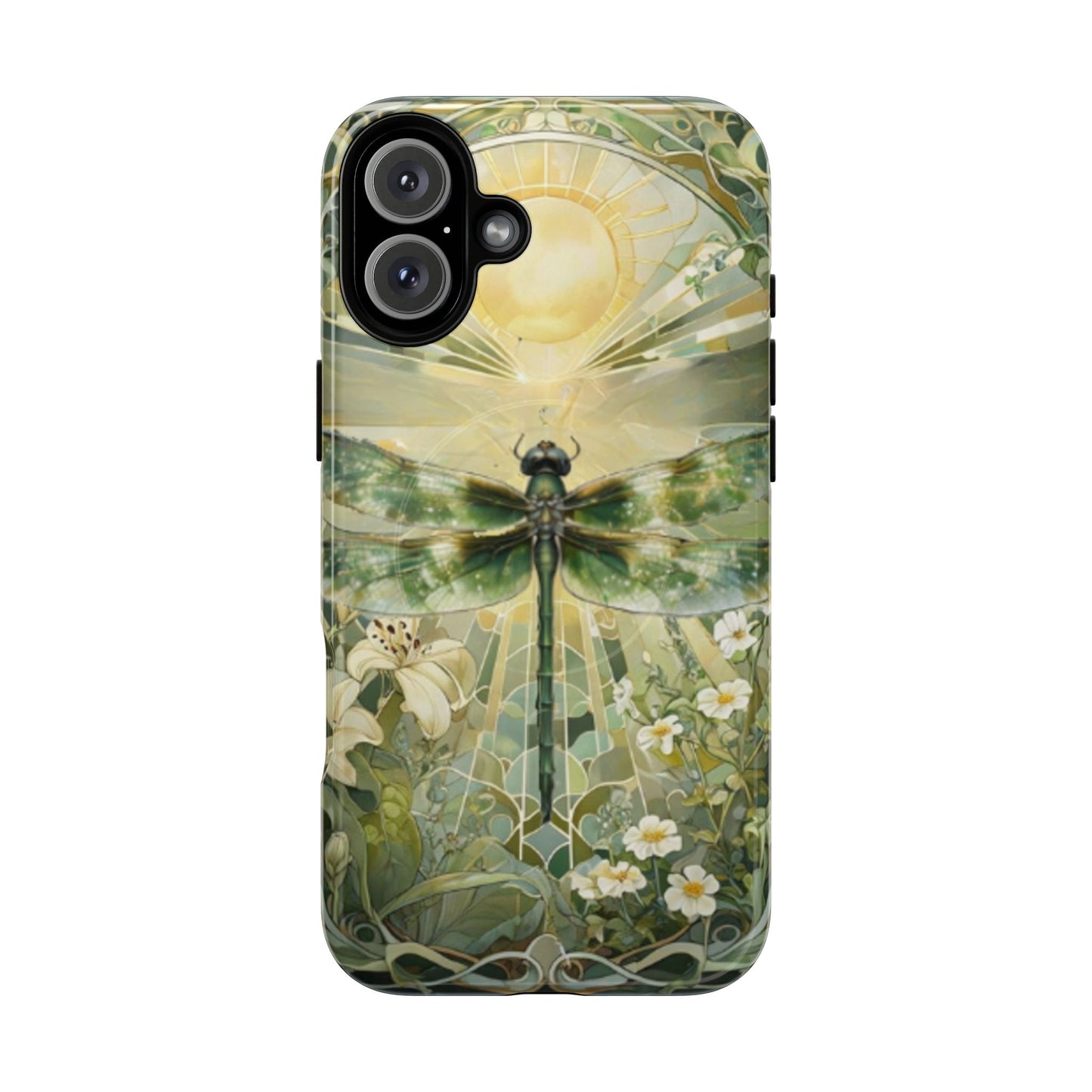 Emerald Dragonfly art nouveau iPhone 16 Plus MagSafe phone case front view with botanical floral design.