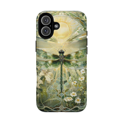 Emerald Dragonfly art nouveau iPhone 16 Plus MagSafe phone case front view with botanical floral design.