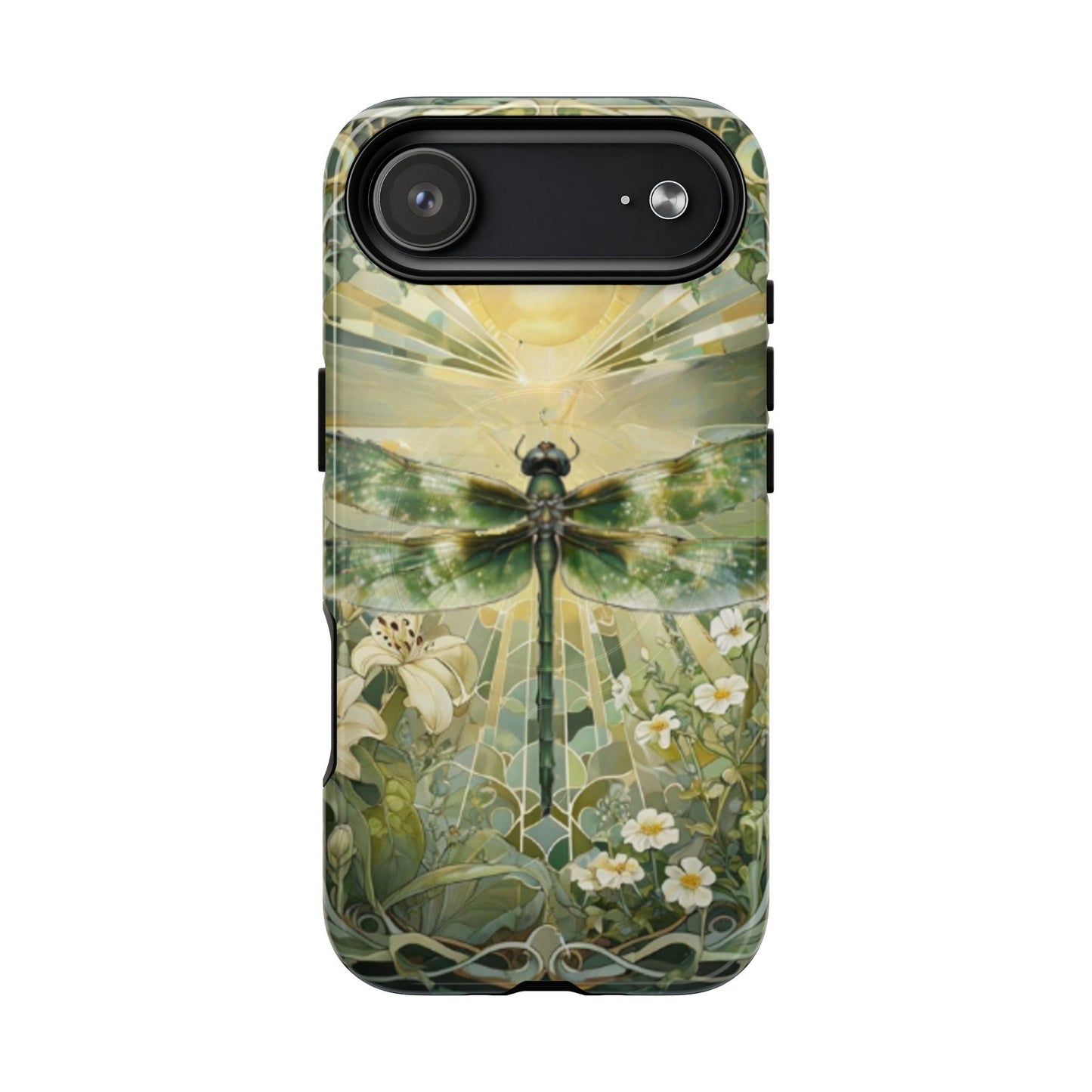 Emerald Dragonfly art nouveau iPhone 17 Air MagSafe phone case front view with botanical floral design.