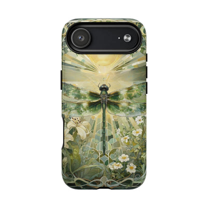 Emerald Dragonfly art nouveau iPhone 17 Air MagSafe phone case front view with botanical floral design.
