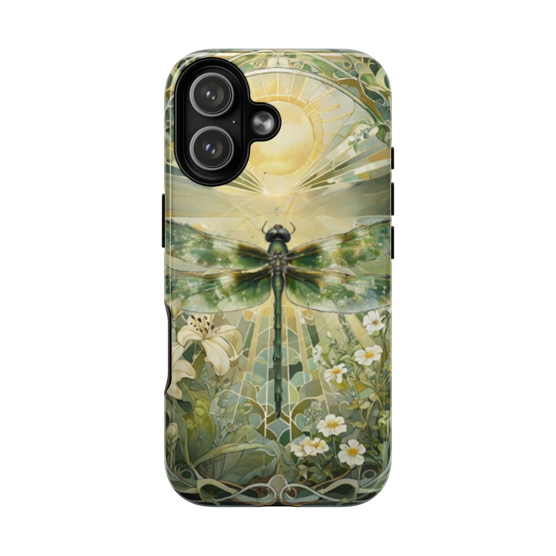 Emerald Dragonfly art nouveau iPhone 17 MagSafe phone case front view with botanical floral design.
