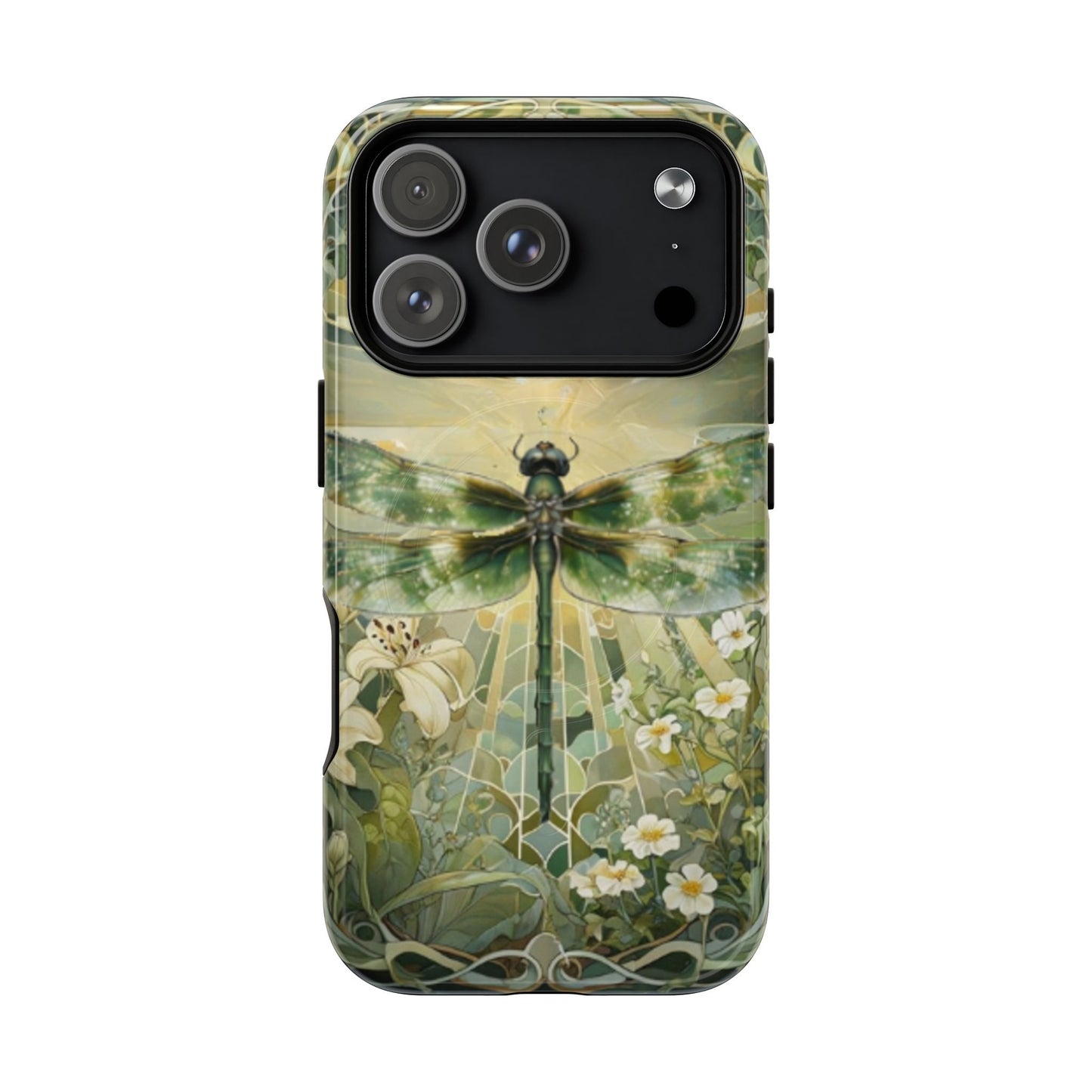 Emerald Dragonfly art nouveau iPhone 17 Pro MagSafe phone case front view with botanical floral design.