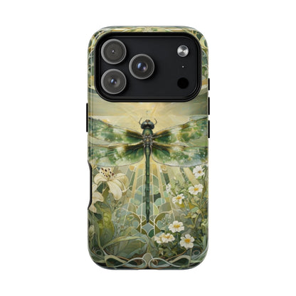 Emerald Dragonfly art nouveau iPhone 17 Pro MagSafe phone case front view with botanical floral design.