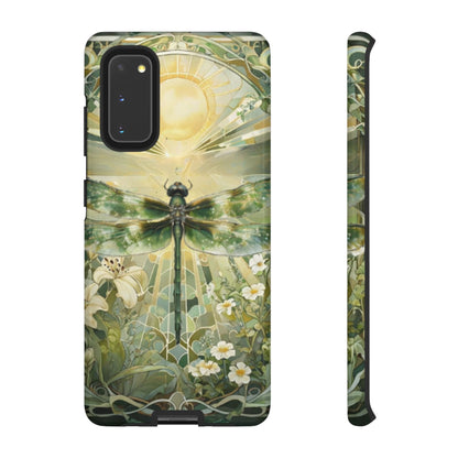 Emerald dragonfly art nouveau Samsung Galaxy S20 phone case shown in front and side view with botanical floral design
