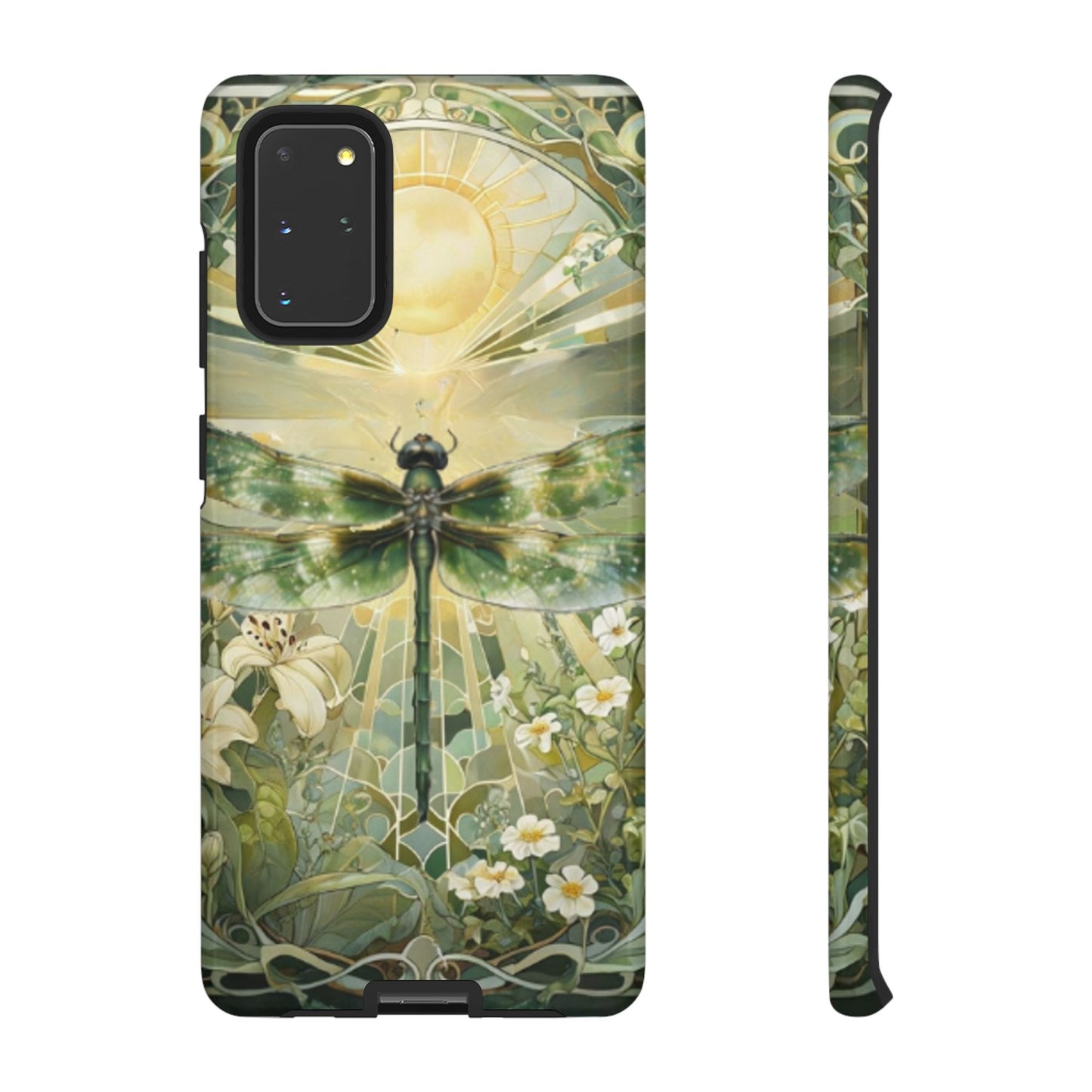 Emerald dragonfly art nouveau Samsung Galaxy S20 plus phone case shown in front and side view with botanical floral design