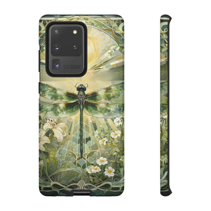 Emerald dragonfly art nouveau Samsung Galaxy S20 ultra phone case shown in front and side view with botanical floral design