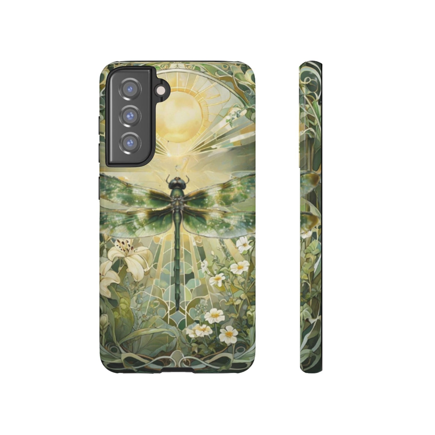 Emerald dragonfly art nouveau Samsung Galaxy S21 FE phone case shown in front and side view with botanical floral design