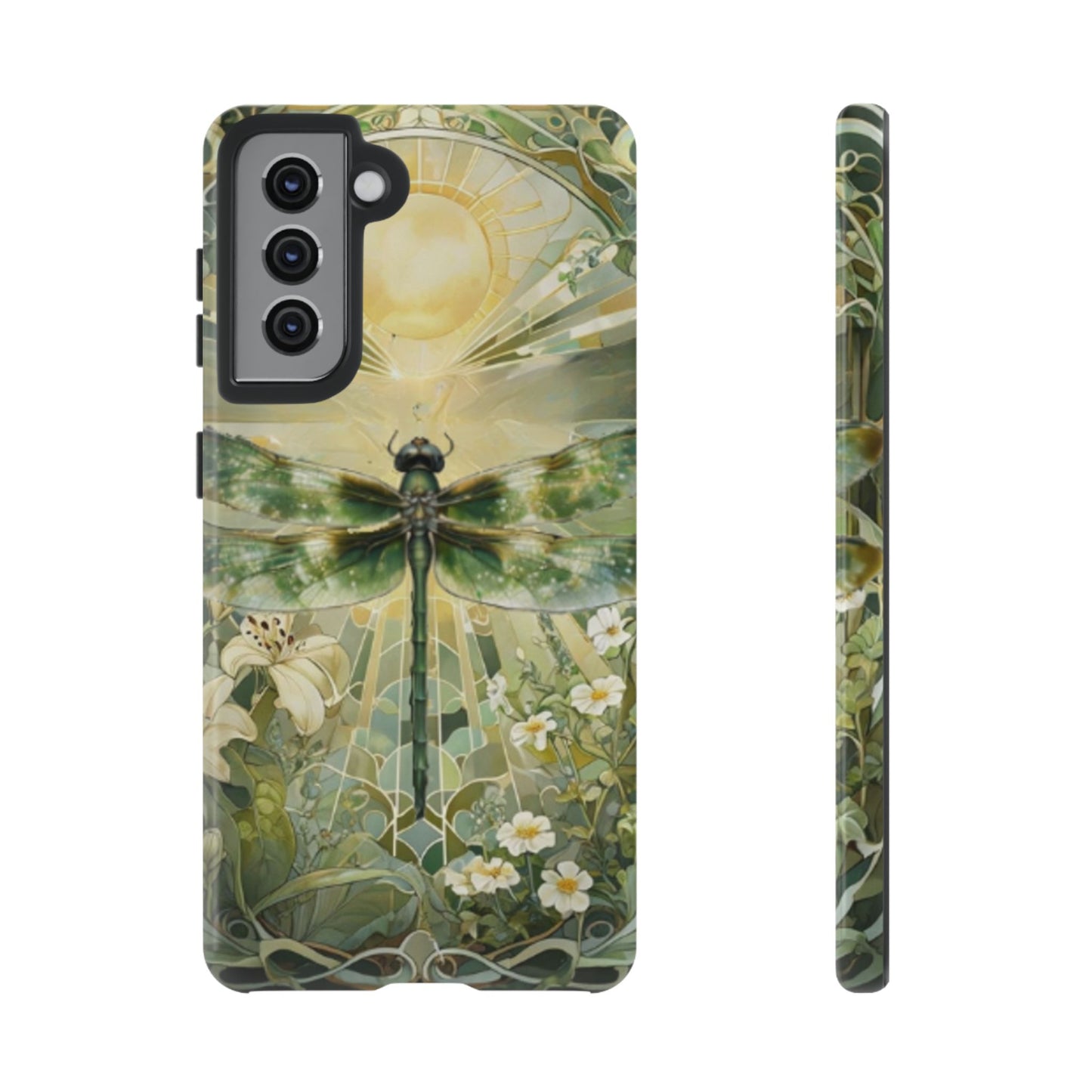Emerald dragonfly art nouveau Samsung Galaxy S21 phone case shown in front and side view with botanical floral design