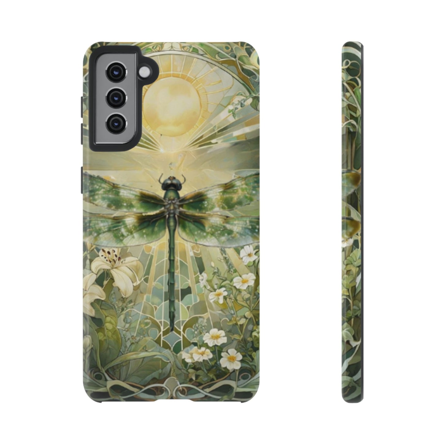 Emerald dragonfly art nouveau Samsung Galaxy S21 plus phone case shown in front and side view with botanical floral design