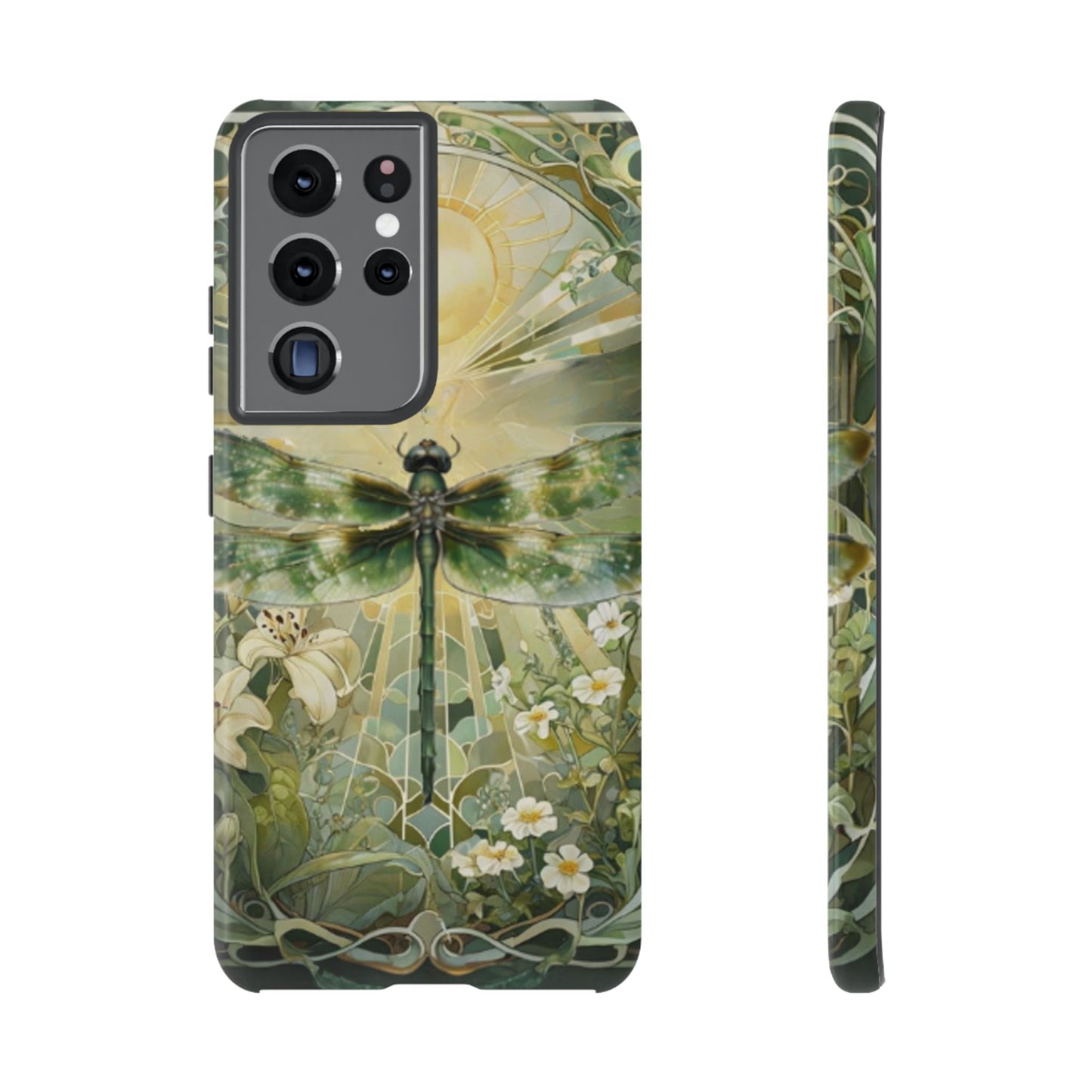 Emerald dragonfly art nouveau Samsung Galaxy S21 ultra phone case shown in front and side view with botanical floral design