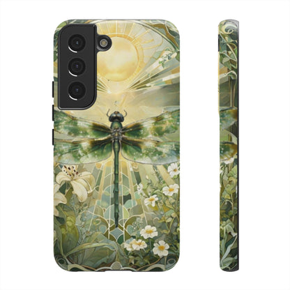 Emerald dragonfly art nouveau Samsung Galaxy S22 phone case shown in front and side view with botanical floral design
